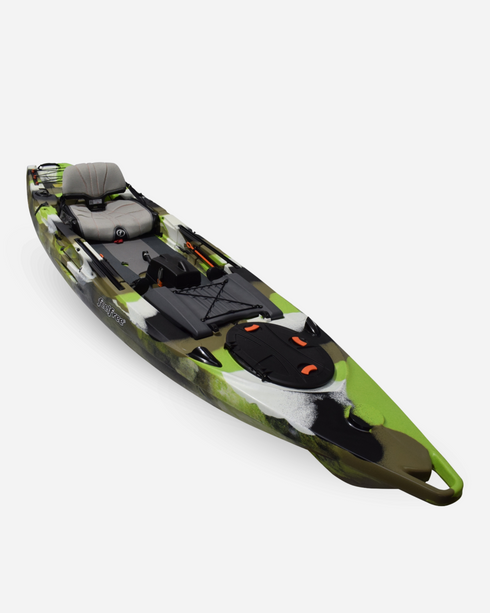 Feelfree Lure 13.5 V2 kayak in Lime Camo, angled view