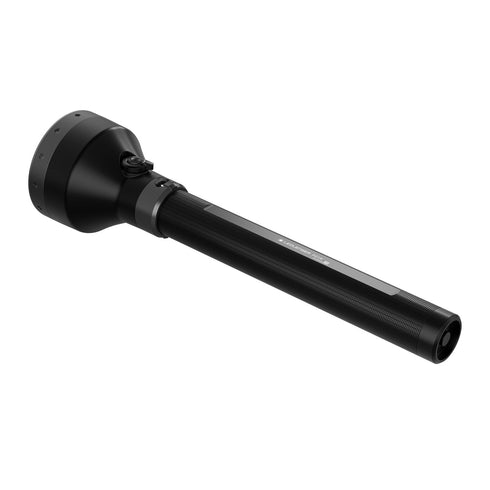 Ledlenser P21R rechargeable flashlight, black, rear view on white