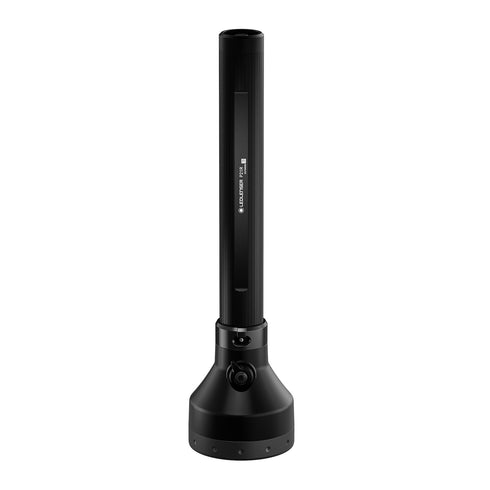 Ledlenser P21R rechargeable flashlight, black, standing view on white