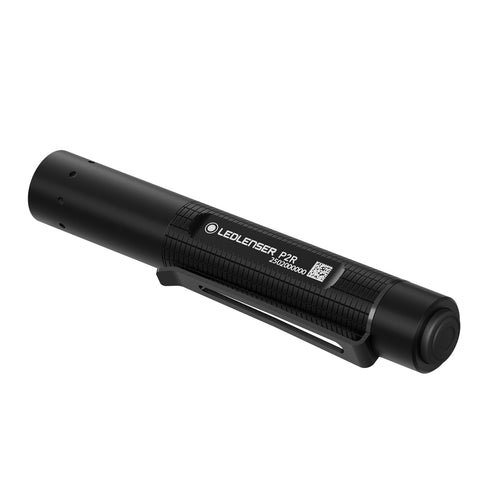 Ledlenser P2R rechargeable mini flashlight, black, rear view on white