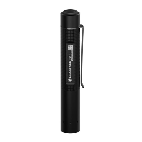 Ledlenser P2R rechargeable mini flashlight, black, standing view on white