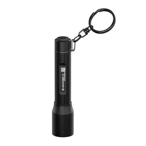 Ledlenser P3 key flashlight, black, standing view on white