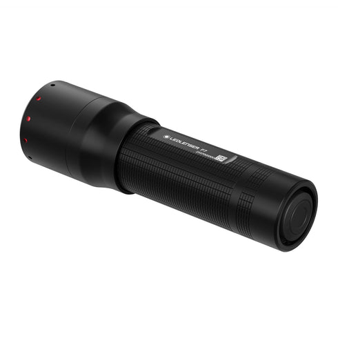 Ledlenser P7 flashlight, black, rear view on white