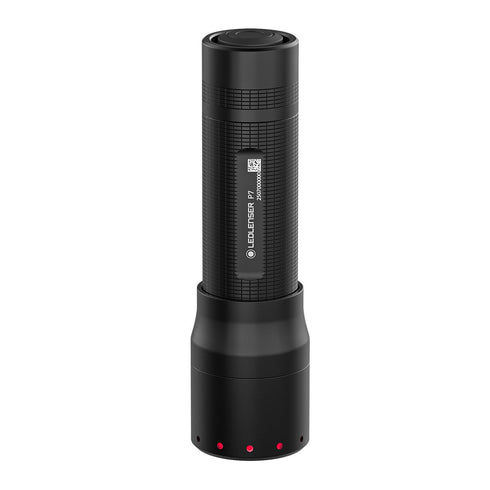 Ledlenser P7 flashlight, black, standing view on white