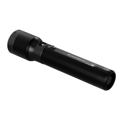 Ledlenser P7R rechargeable flashlight, black, rear view on white