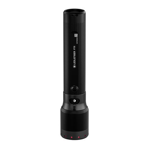 Ledlenser P7R rechargeable flashlight, black, standing view on white