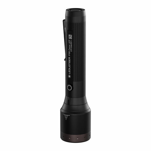 Ledlenser P9R Core LEP flashlight, black, standing view on white