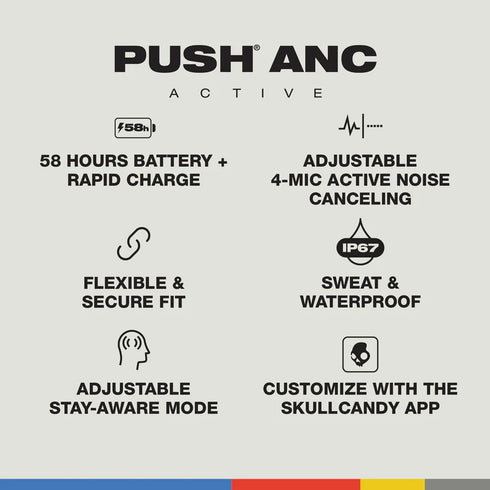 Skullcandy Push ANC Active True Wireless In-Ear – Advanced Noise Cancellation with Long Battery Life