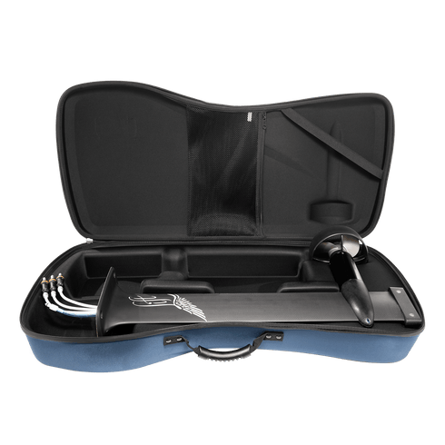 Lift eFoil 28 inch propulsion unit packed in its open blue carrying case