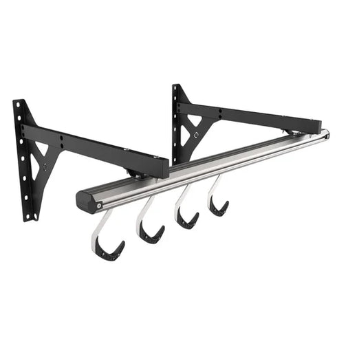 Stashed SpaceRail wall bike storage system with 4 hooks, black and silver