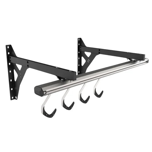 Stashed SpaceRail wall bike storage system with 4 hooks, black and silver
