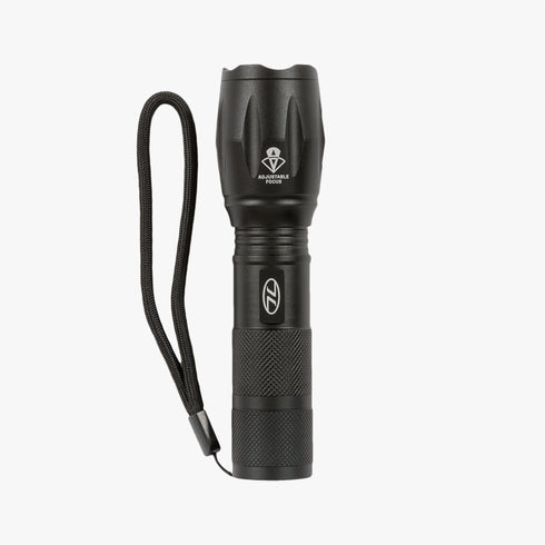 Highlander Orion 280 Zoom Hand Torch, black, top view with wrist cord