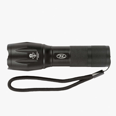 Highlander Orion 280 Zoom Hand Torch, black, with wrist cord, side view