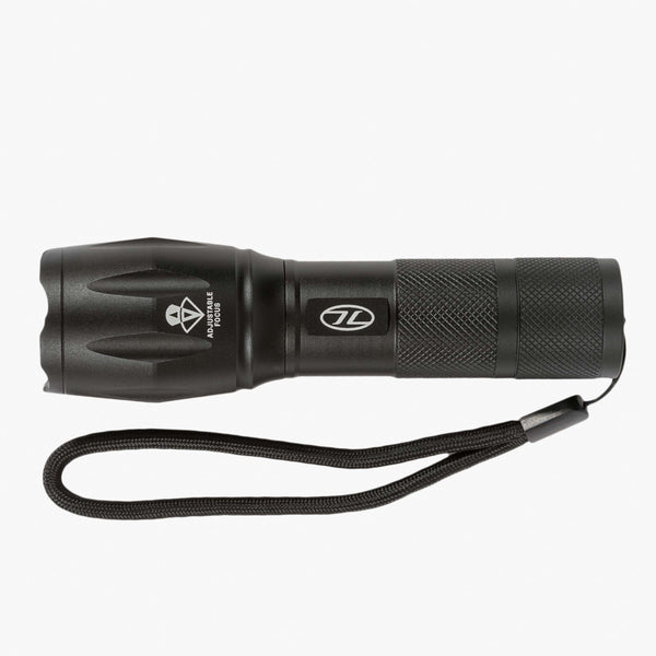 Highlander Orion 280 Zoom Hand Torch, black, with wrist cord, side view