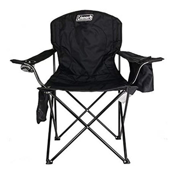 Coleman Cooler Quad Chair V2, a comfortable, portable folding chair with a built-in cooler in the armrest.