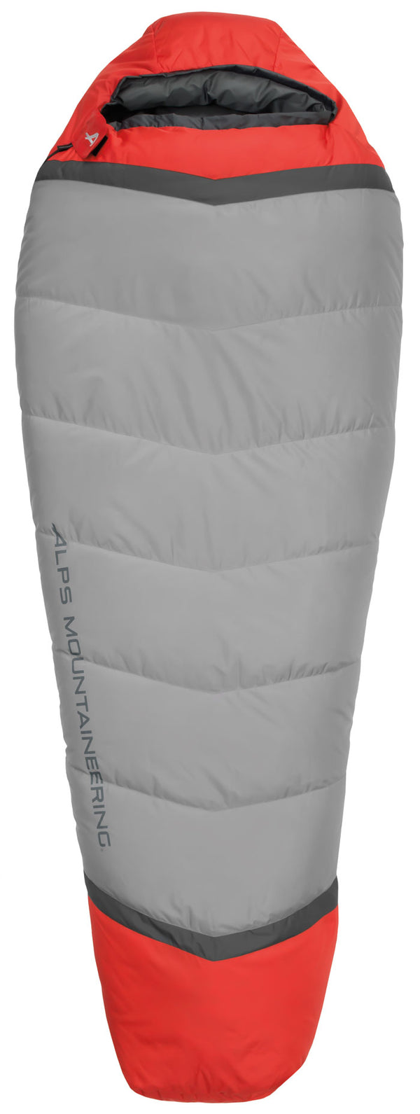 ALPS Mountaineering Zenith 30 down mummy sleeping bag, gray and red, front view