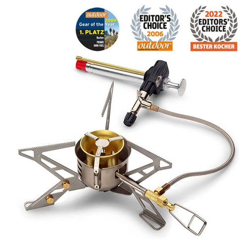 Primus OmniFuel multi-fuel stove with fuel bottle and pump, front view