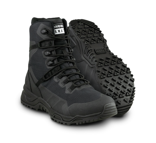 Original S.W.A.T. Alpha Fury 2.0 8 inch side zip tactical boot in black, boot and sole view