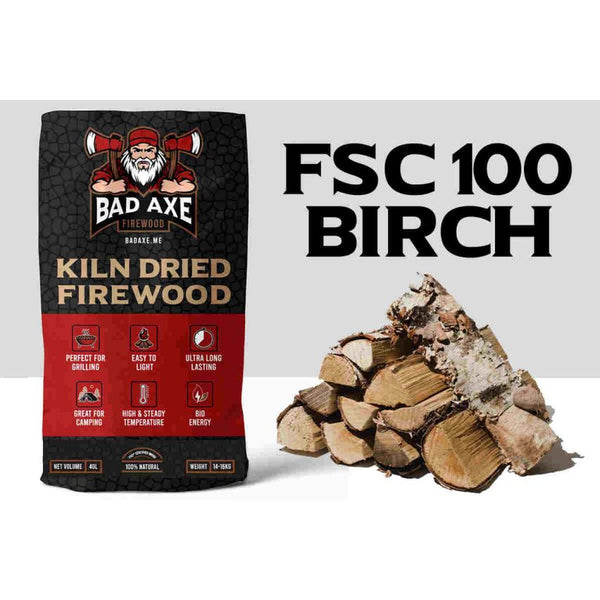 Bad Axe Birch Firewood, 40L Sack Approx 15kg, Bright Flame, Low Smoke, Suitable for Indoor/Outdoor Use