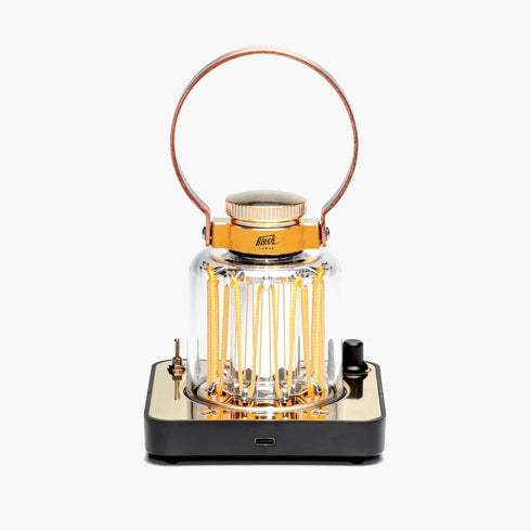Barebones Block Tower Lantern, Vintage Style Rechargeable LED Lantern in Brass with Dimmer and Candle Mode