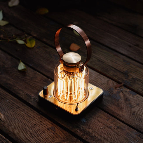 Barebones Block Tower Lantern, Vintage Style Rechargeable LED Lantern in Brass with Dimmer and Candle Mode