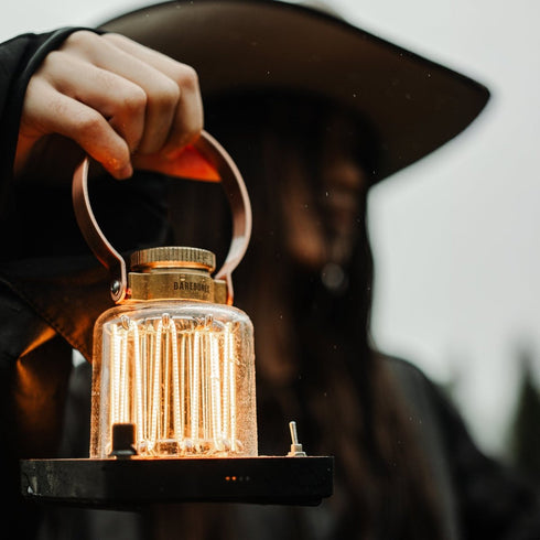 Barebones Block Tower Lantern, Vintage Style Rechargeable LED Lantern in Brass with Dimmer and Candle Mode