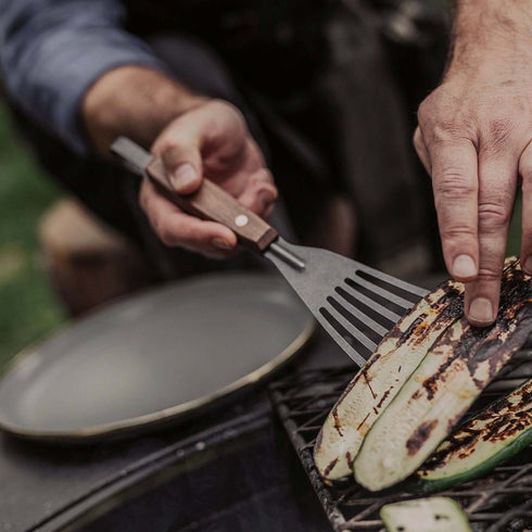 Barebones Cowboy Grill Fish Spatula, Thin Flexible Forged Steel Spatula with Walnut Handle for Grilling Fish