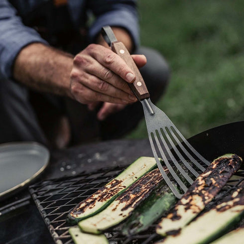 Barebones Cowboy Grill Fish Spatula, Thin Flexible Forged Steel Spatula with Walnut Handle for Grilling Fish
