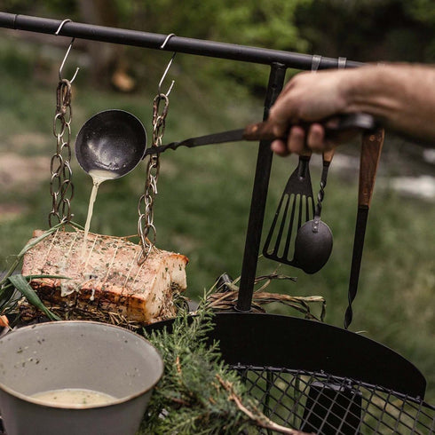 Barebones Cowboy Grill Ladle, Long Handled Forged Stainless Steel Ladle with Walnut Handle for Campfire Cooking