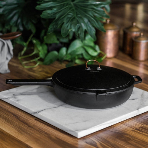 Barebones Enamel Lined Cast Iron Skillet 12 Inch, Deep Skillet with Lid for Stove, Grill and Open Fire Cooking