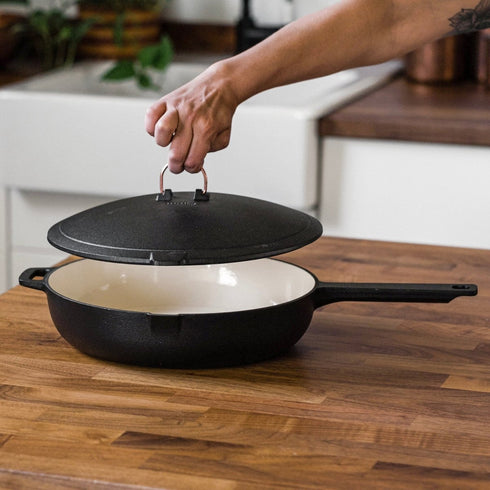 Barebones Enamel Lined Cast Iron Skillet 12 Inch, Deep Skillet with Lid for Stove, Grill and Open Fire Cooking