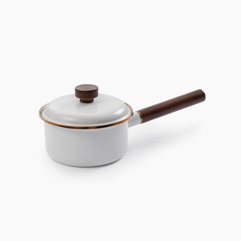 Barebones Enamel Saucepan Eggshell, 1.5 Litre Enamelware Pot with Long Walnut Handle for Camp and Home Cooking