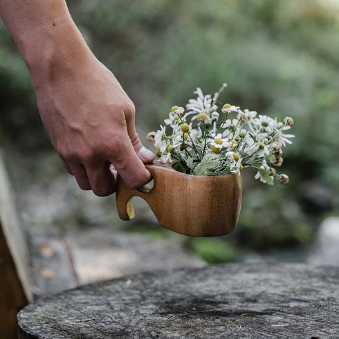 Barebones Kuksa Wooden Drinking Cup 4 oz, Handmade Acacia Wood Camp Cup with Leather Hanging Cord