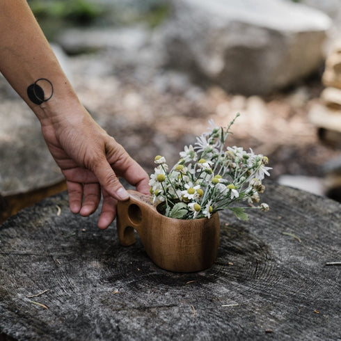 Barebones Kuksa Wooden Drinking Cup 4 oz, Handmade Acacia Wood Camp Cup with Leather Hanging Cord