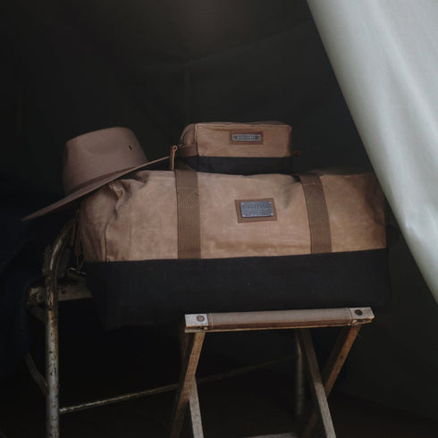 Barebones Neelum Duffel Bag Khaki, 40L Waxed Canvas Weekender with Leather Details and Removable Strap