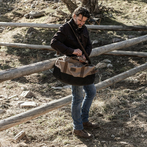 Barebones Neelum Duffel Bag Khaki, 40L Waxed Canvas Weekender with Leather Details and Removable Strap