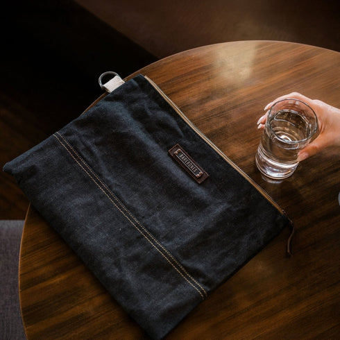 Barebones Neelum Large Zipper Pouch, Waxed Denim Organizer Pouch with Leather Details for Travel and Everyday