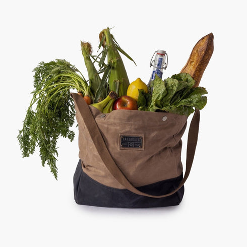 Barebones Neelum Market Tote Khaki, 16L Waxed Canvas Shopping Tote with Leather Details