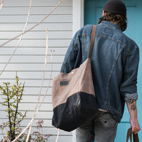 Barebones Neelum Oversized Tote Khaki, 26L Waxed Canvas Carryall Bag with Leather Details