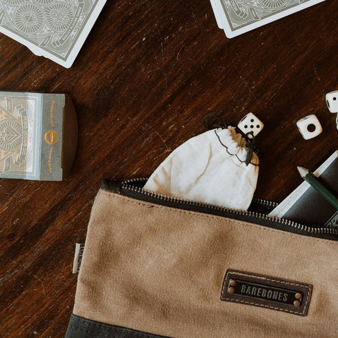 Barebones Neelum Small Zipper Pouch Khaki, Waxed Canvas Travel and Organiser Pouch with Leather Details