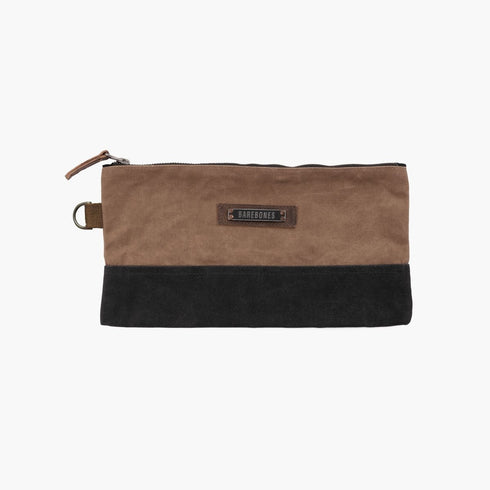 Barebones Neelum Small Zipper Pouch Khaki, Waxed Canvas Travel and Organiser Pouch with Leather Details