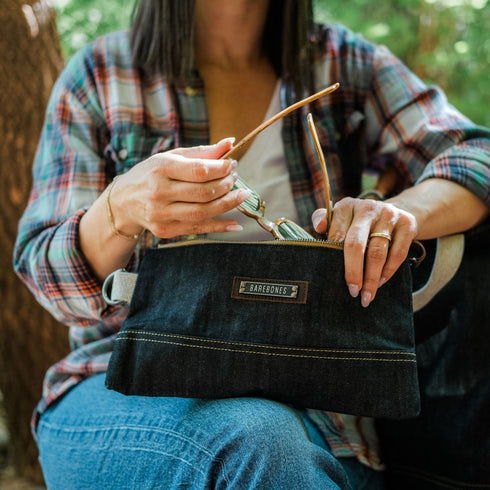 Barebones Neelum Small Zipper Pouch, Waxed Denim Organizer Pouch with Leather Details for Travel and Everyday