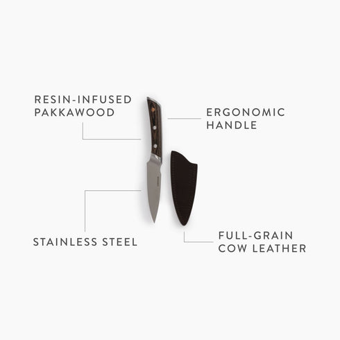 Barebones No. 4 Paring Knife, 4 Inch Full-Tang Steel Kitchen Knife with Pakkawood Handle and Leather Sleeve
