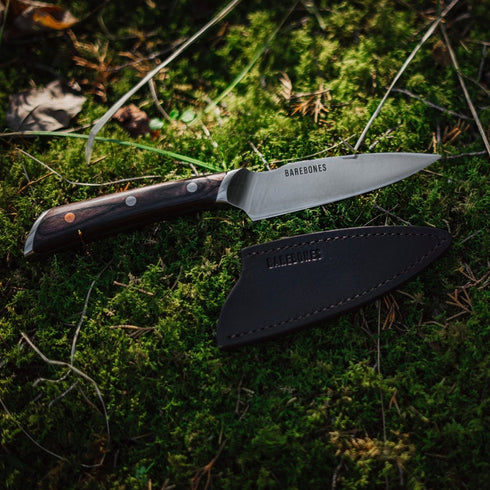 Barebones No. 4 Paring Knife, 4 Inch Full-Tang Steel Kitchen Knife with Pakkawood Handle and Leather Sleeve
