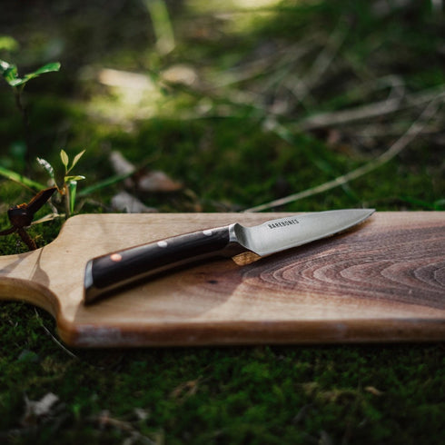 Barebones No. 4 Paring Knife, 4 Inch Full-Tang Steel Kitchen Knife with Pakkawood Handle and Leather Sleeve