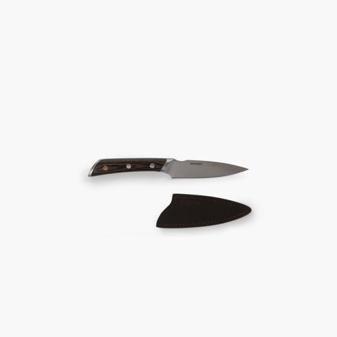Barebones No. 4 Paring Knife, 4 Inch Full-Tang Steel Kitchen Knife with Pakkawood Handle and Leather Sleeve