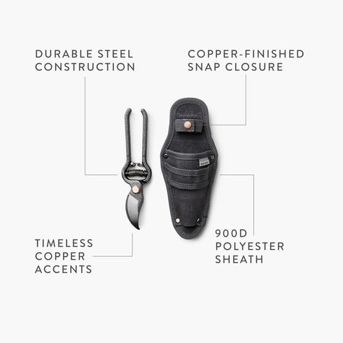 Barebones Pruner with Sheath, Japanese-Style Steel Garden Pruning Shears with Copper Accents and Belt Clip Holster