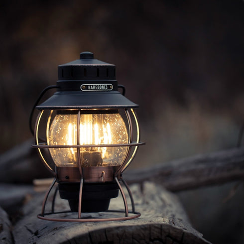 Barebones Railroad Lantern Antique Bronze, Rechargeable LED Camping Lantern with Seeded Glass Globe