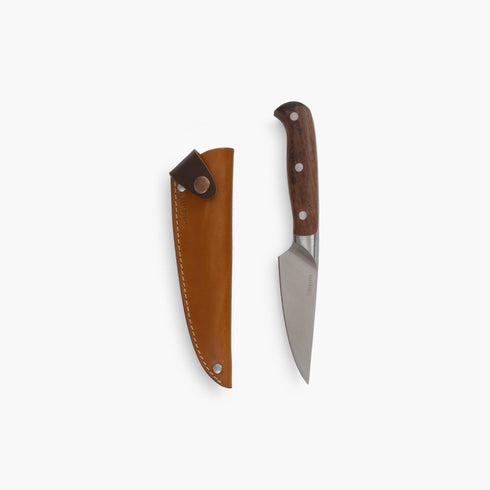 Barebones Wilderness Paring Knife, 4 Inch Full Tang AUS 8 Steel Knife with Rosewood Handle and Leather Sheath