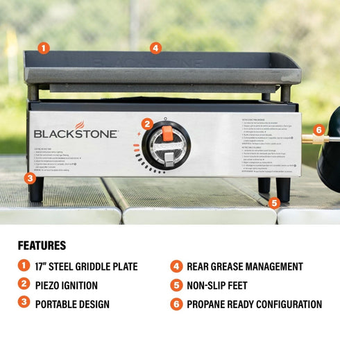 Blackstone 17 Inch Tabletop Griddle with Stainless Front Panel, Portable Propane Griddle with Piezo Ignition